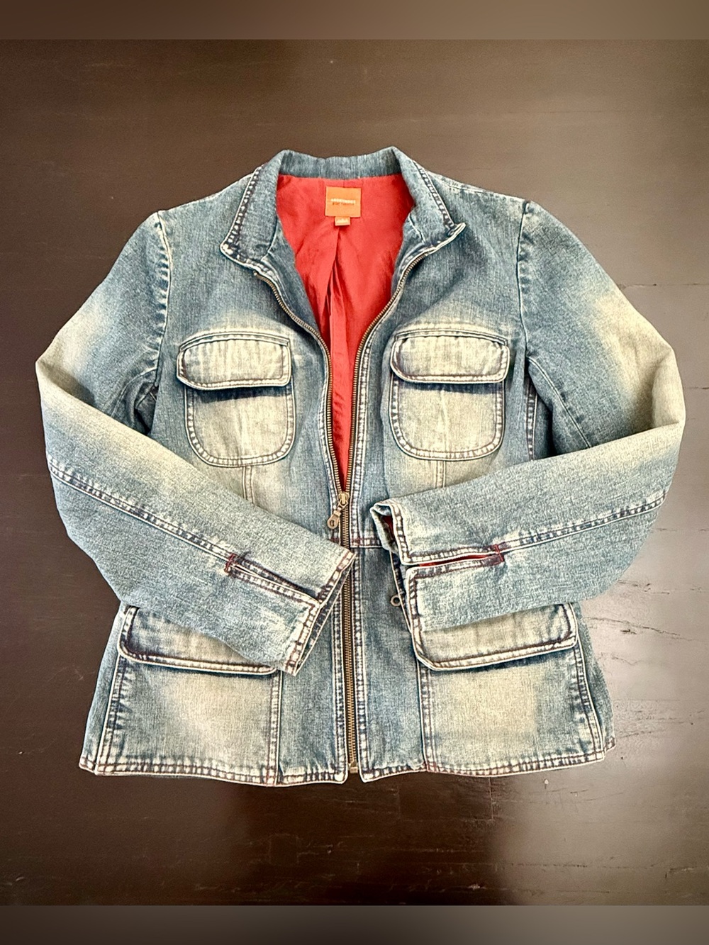 Denim Utility Jacket with Coral Lining